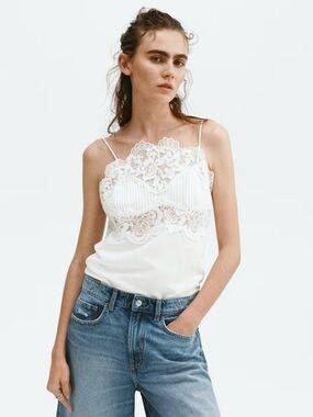 H&M STUDIO COLLECTION SPRING 2026 NWT WHITE LINEN-BLEND LACE-DETAIL TOP